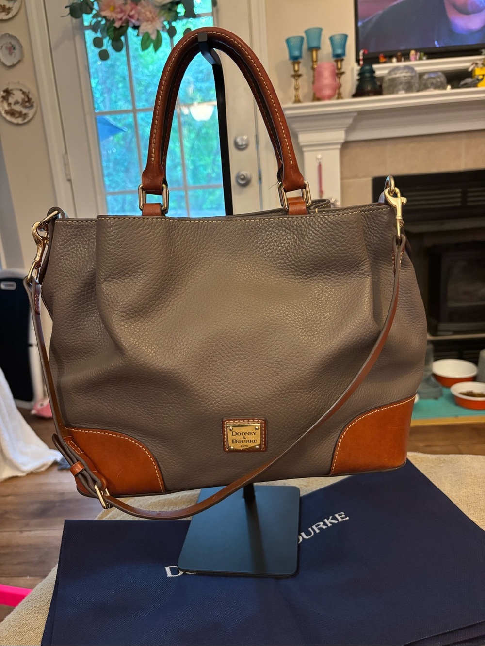 Dooney & Bourke Gray Leather Tote with Brown Trim
